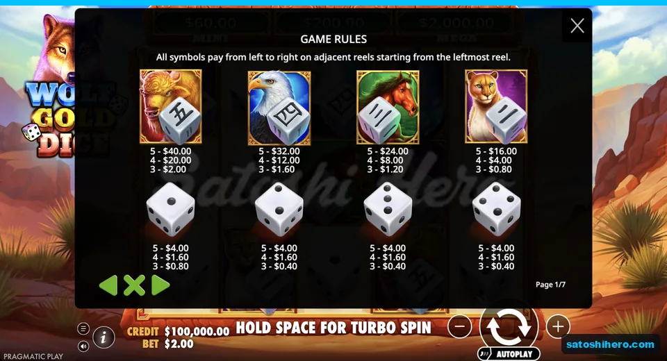 Paytable lists animal and dice values