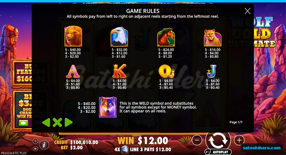 Paytable lists animal and royal symbol values