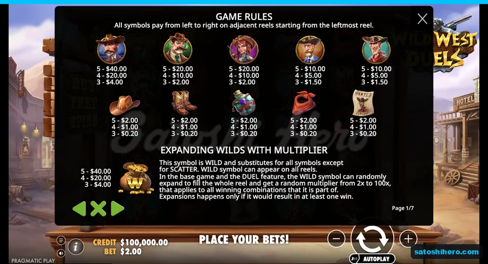 Paytable lists sheriff through low symbol values