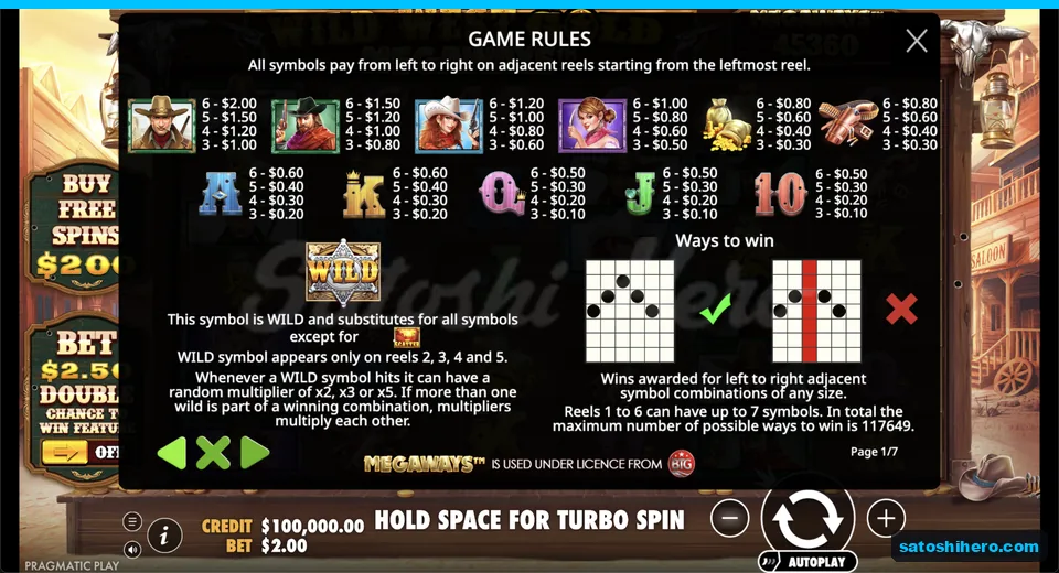 Pay table lists gunslinger and symbol values