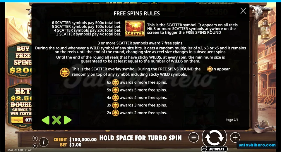 Rules page shows scatter pays and sticky wilds