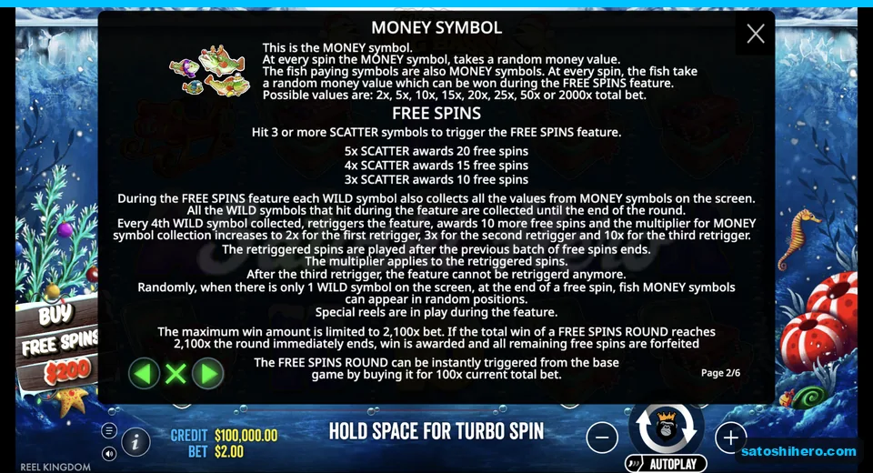 Rules panel lists fish values and free spins
