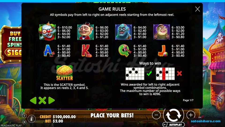 Paytable lists symbol values and scatter positions