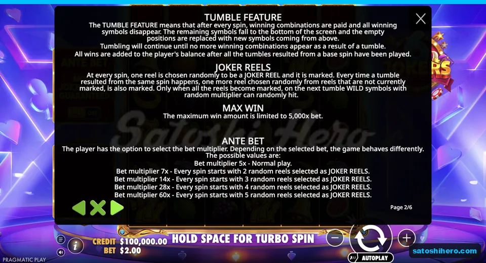 Rules page explains tumble marks and ante reels