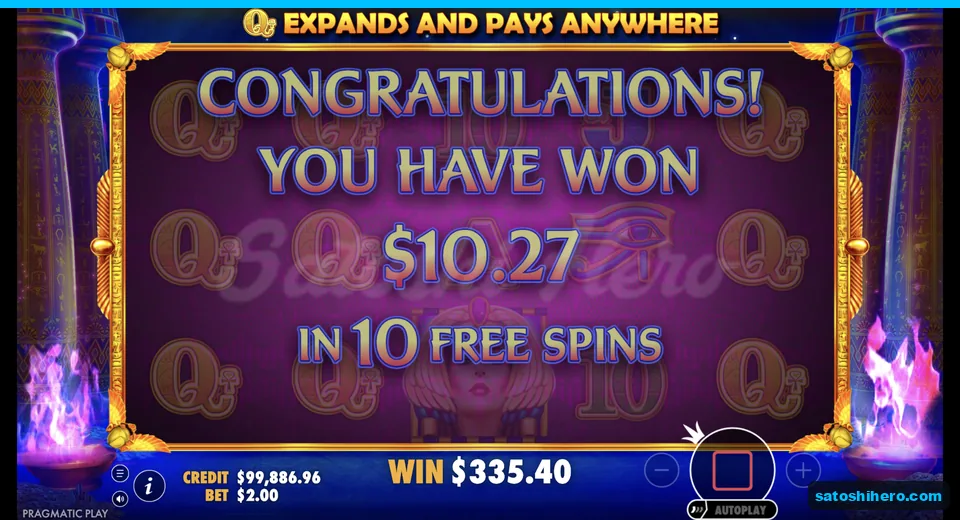 Congratulations screen shows $335.40 total win