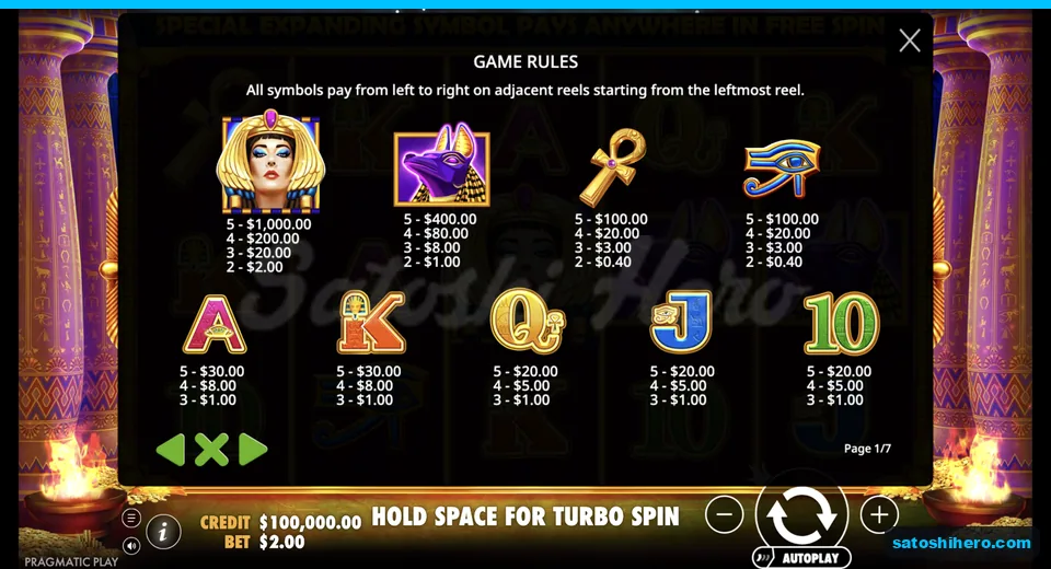 Paytable lists Cleopatra through lower royals