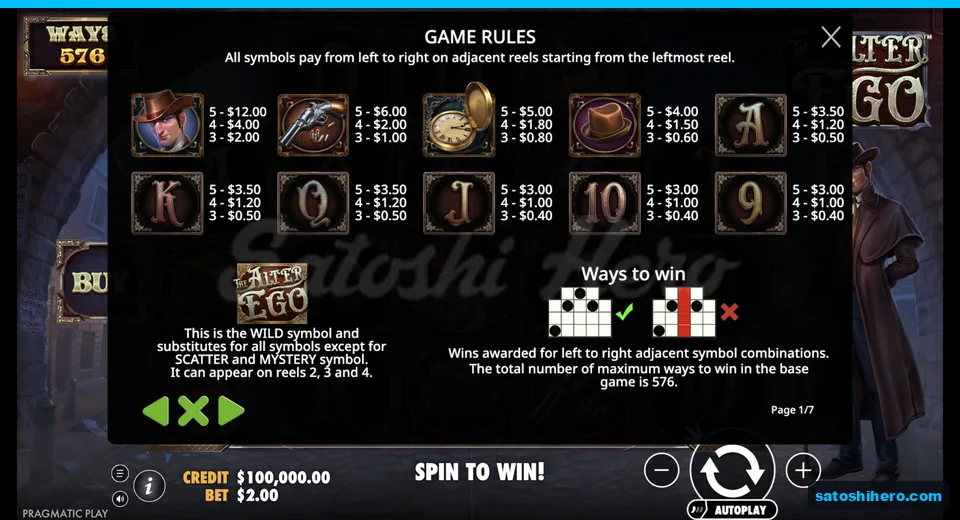 Paytable lists gentleman, revolver, watch, hat values