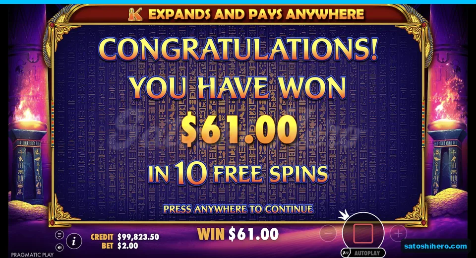 Congratulations screen shows sixty one dollars from ten spins