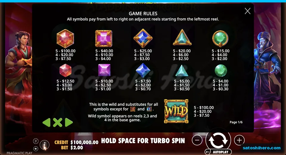 Paytable lists gem tiers and gold Wild