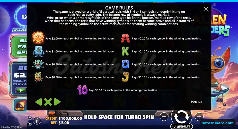Paytable lists alien and royal symbol values