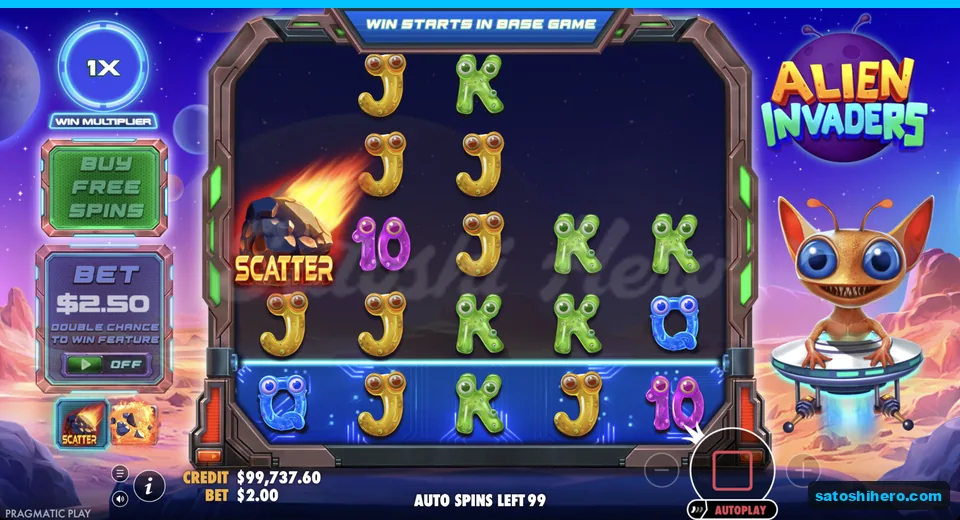 Settled reels show Scatter and alien symbols