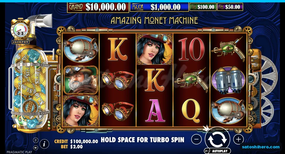 Base game rests with brass machine and jackpots