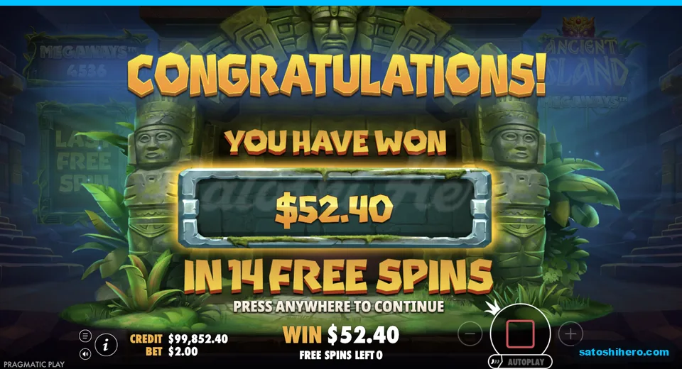 Congratulations screen shows $52.40 won