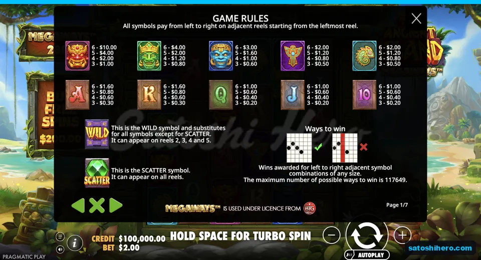 Paytable shows tiki masks and royal values