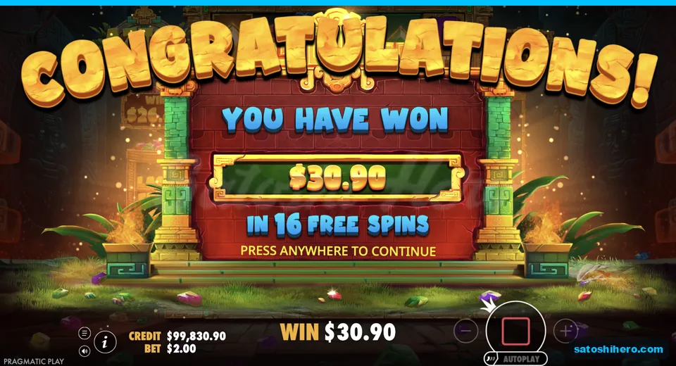 Congratulations screen shows thirty dollars ninety won