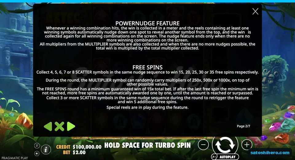 Rules page explains nudges, scatters and free spins