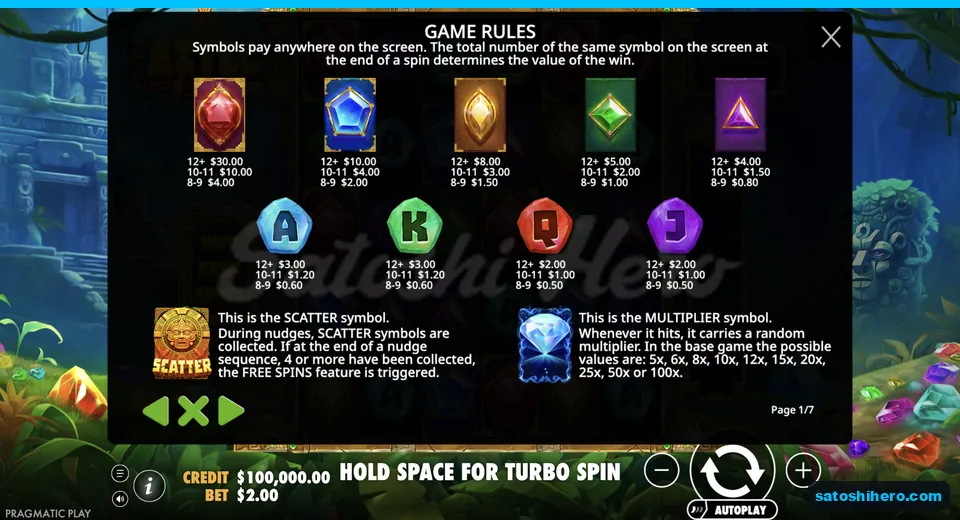 Paytable lists gems, royals, scatter and multiplier