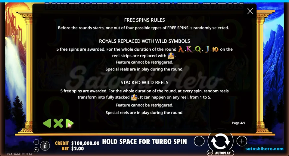 Bonus rules list five spins and selected features