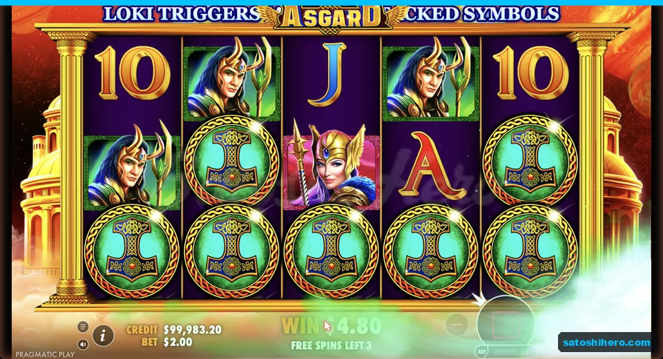 Free spins show Thor medallions and $4.80 win