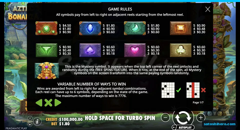 Paytable lists gem and card values