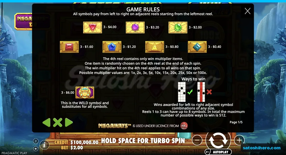 Rules page shows gem and Wild payouts