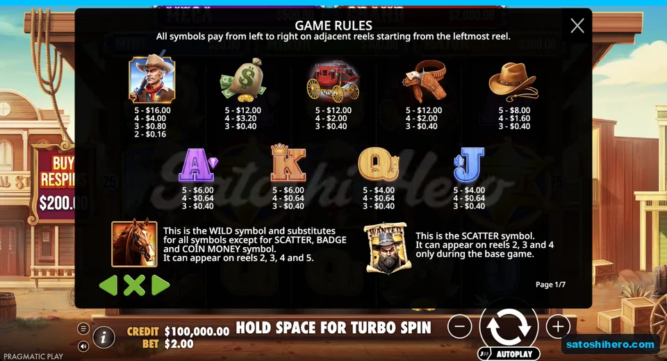 Paytable opens with sheriff, royals and Wild