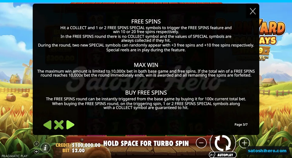 Rules page explains free spins and buy option