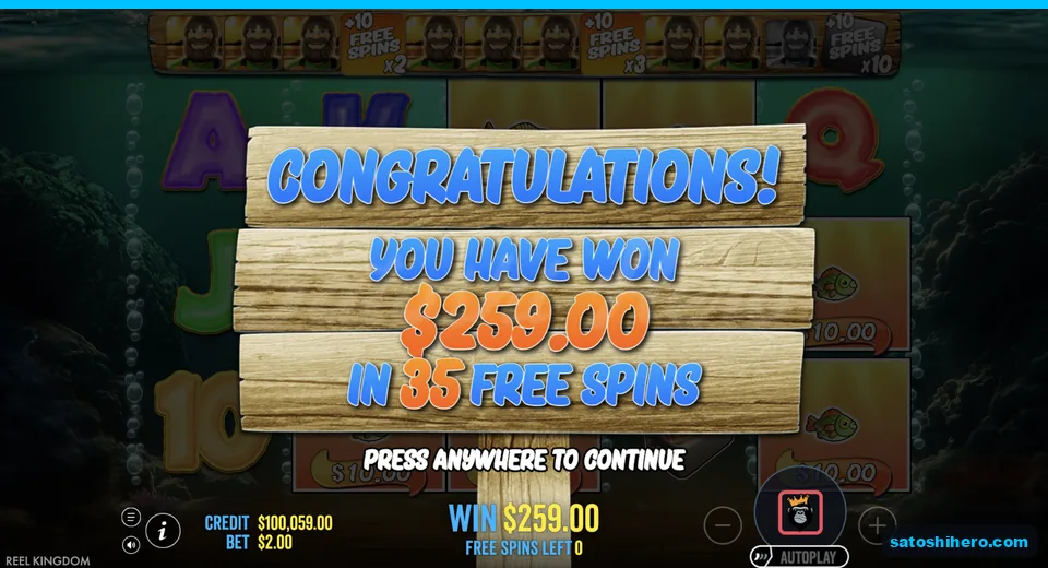 Collect sign shows $259.00 across free spins