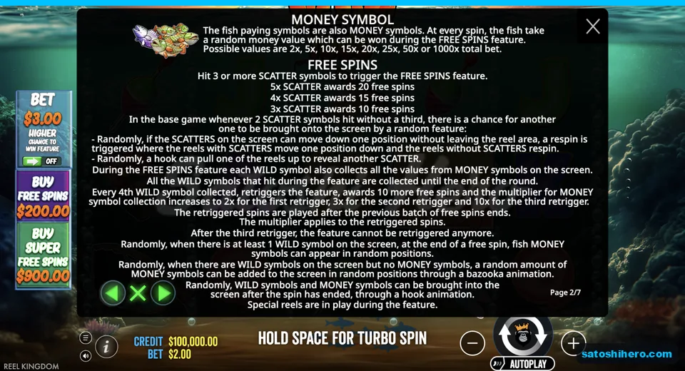 Money fish and fisherman rules fill the paytable