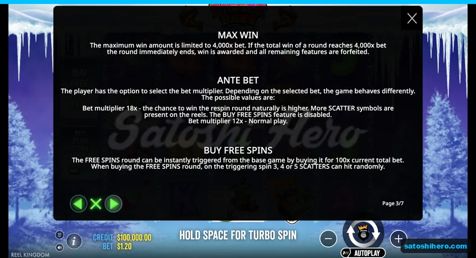 Rules page shows max win and buy costs