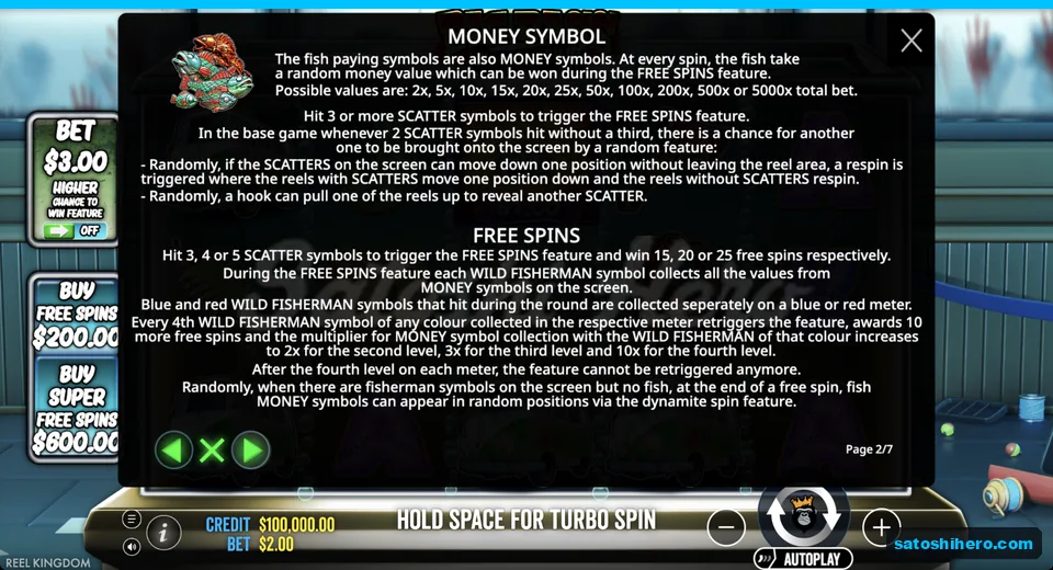 Rules page shows Money values and free spins