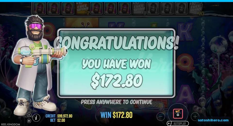 Congratulations screen shows 172.80 total win