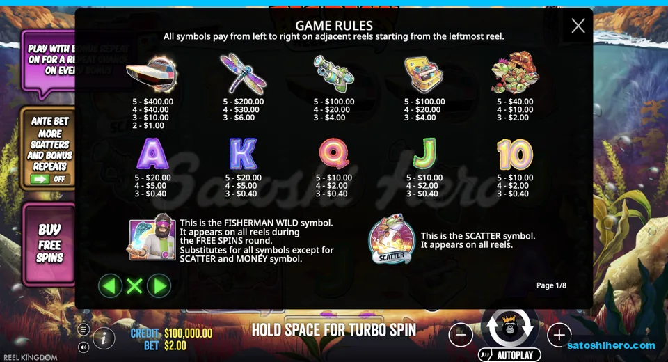 Paytable lists symbol values and special icons