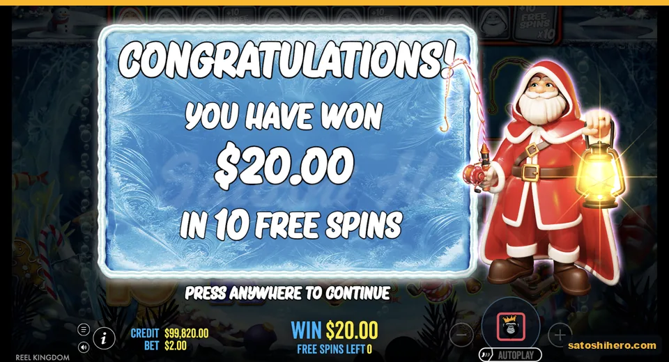 Free spins collect screen shows $20.00 total