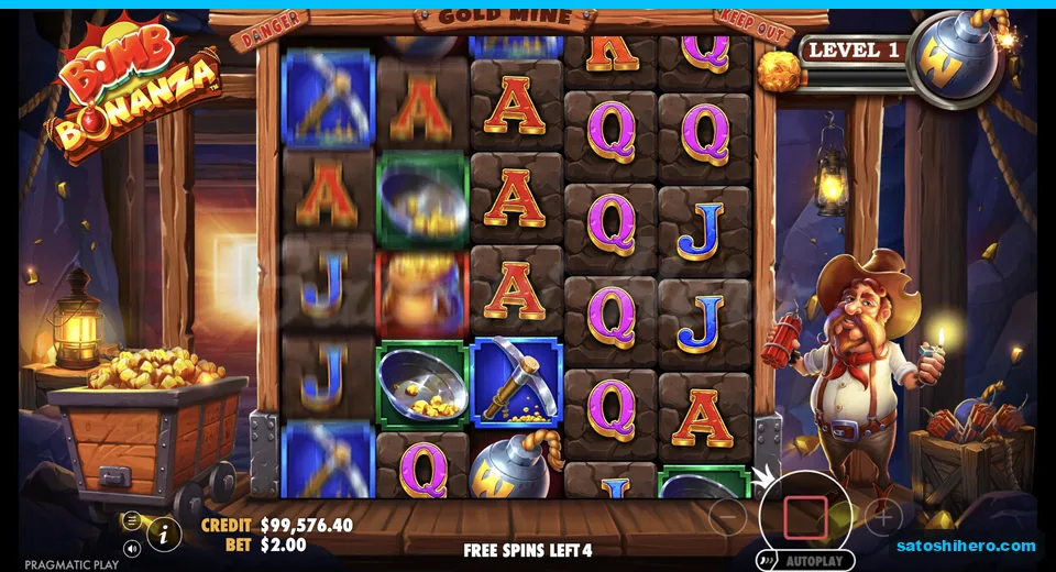 Free Spins round shows Level 1 and four spins