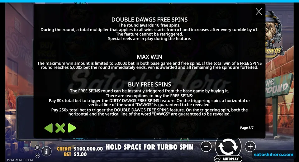 Rules page shows free spins and buy options