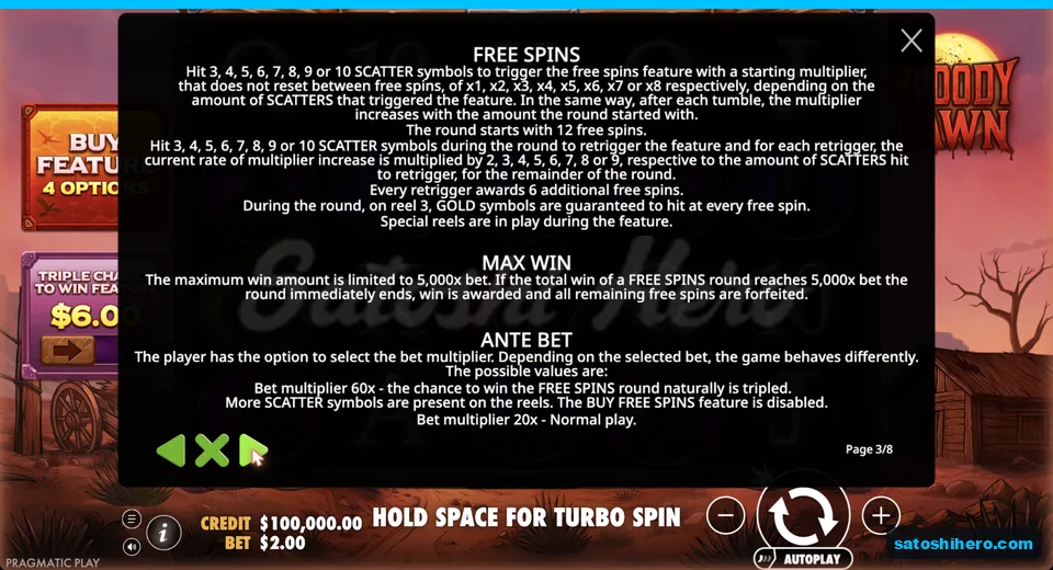 Rules page shows free spins values