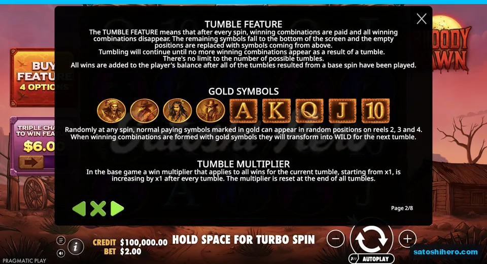 Rules page explains tumbles and gold symbols