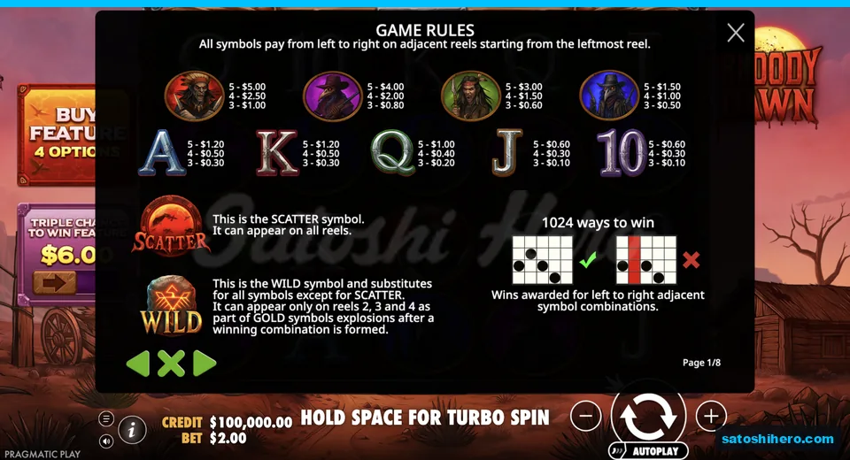 Pay table lists character and card values
