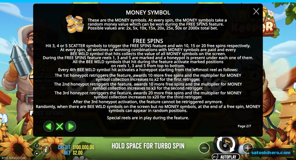 Rules show money values and free spins
