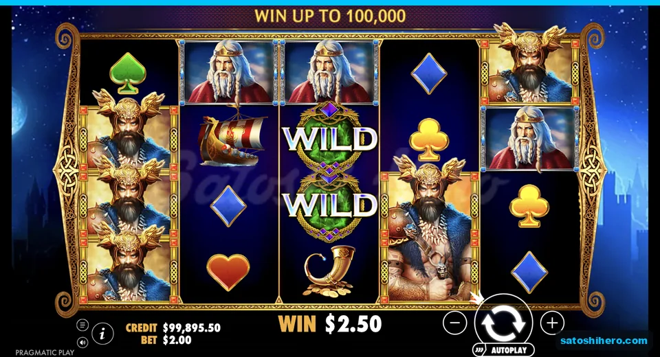Line win resolves with stacked hero and Wild