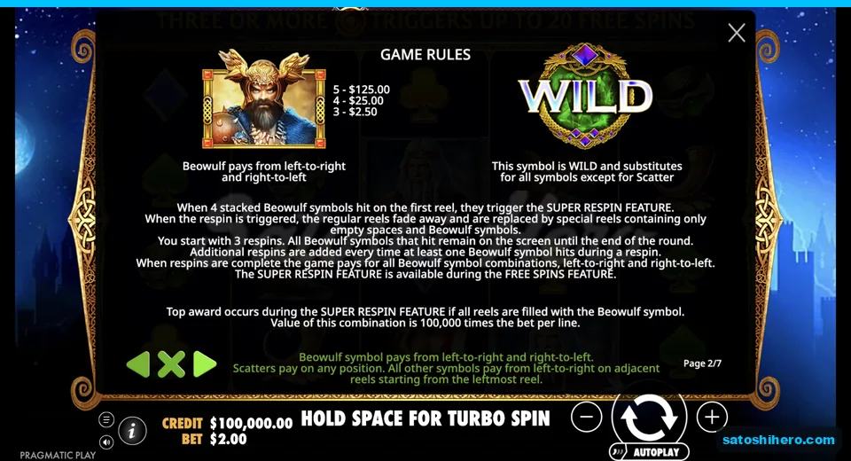 Rules panel explains Wild and stacked-hero respins