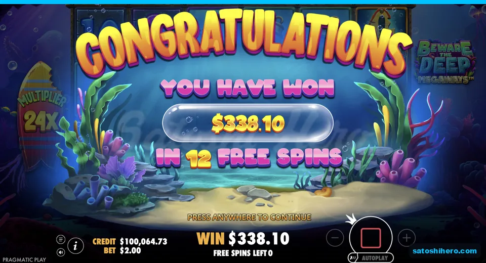 Congratulations screen shows $338.10 across 12 spins