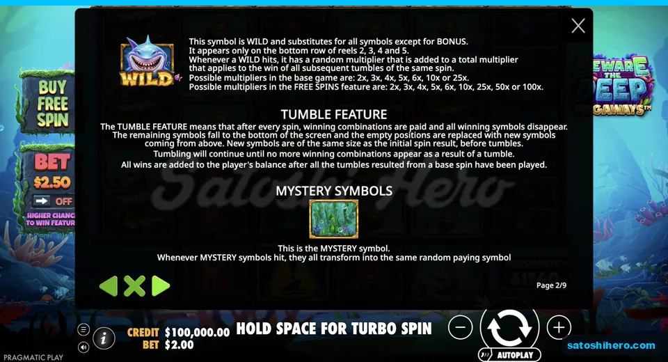 Feature page shows shark Wild and Mystery symbol