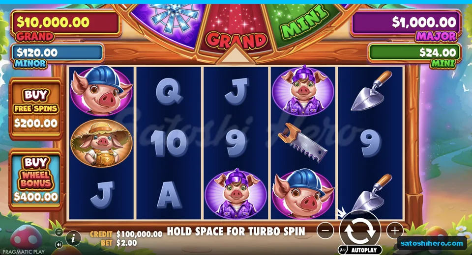 Idle grid shows pigs, tools, and jackpots