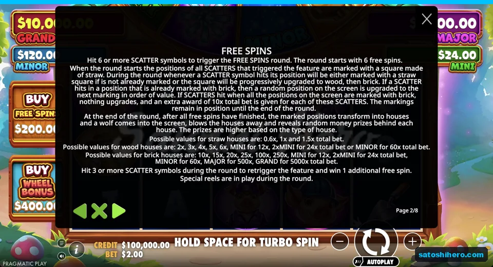 Rules page explains six-spin Scatter upgrade round