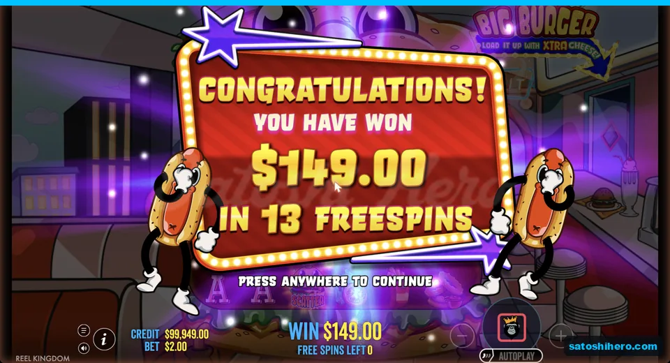 Collect screen shows $149.00 won in 13 freespins