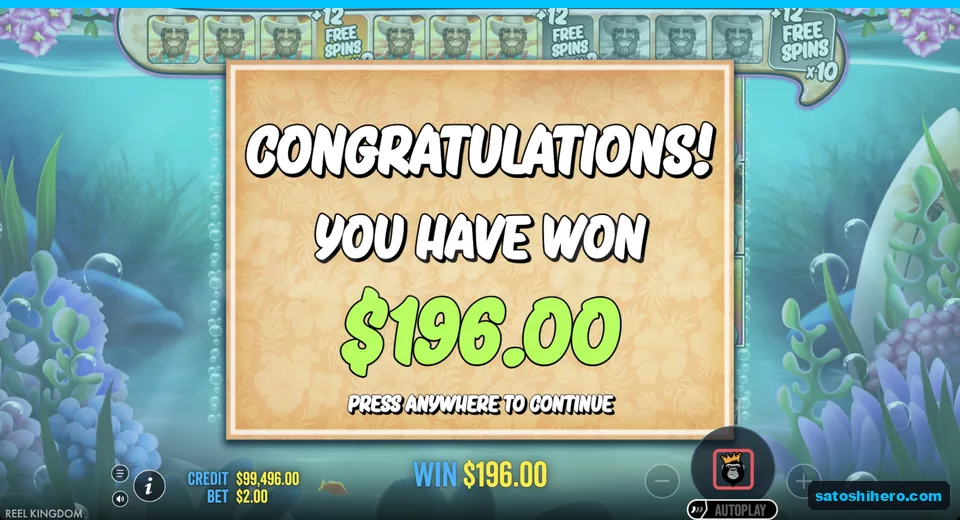 Collect screen shows $196 won after the round