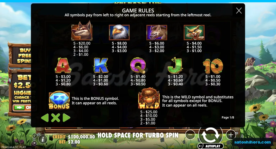 Paytable lists animal symbols and wild values