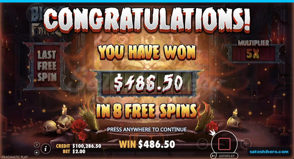 Collect screen shows $486.50 from eight free spins